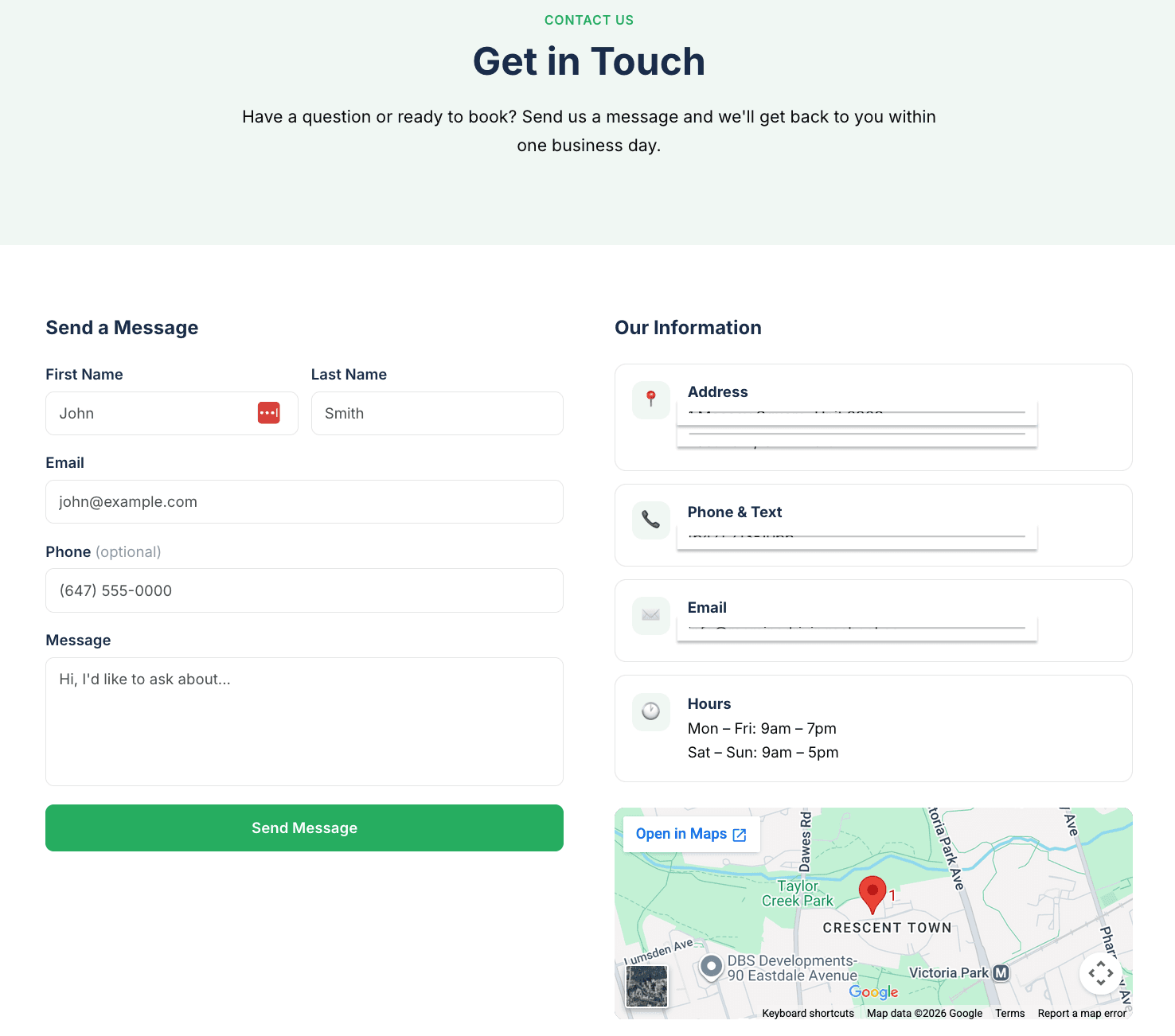 Contact page with message form, school info, and Google Maps integration
