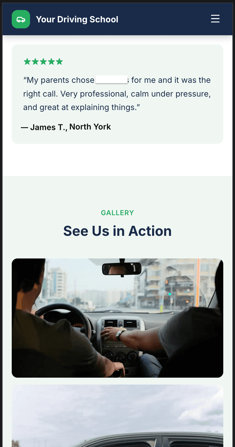 Mobile view showing testimonial and gallery section on a smartphone screen