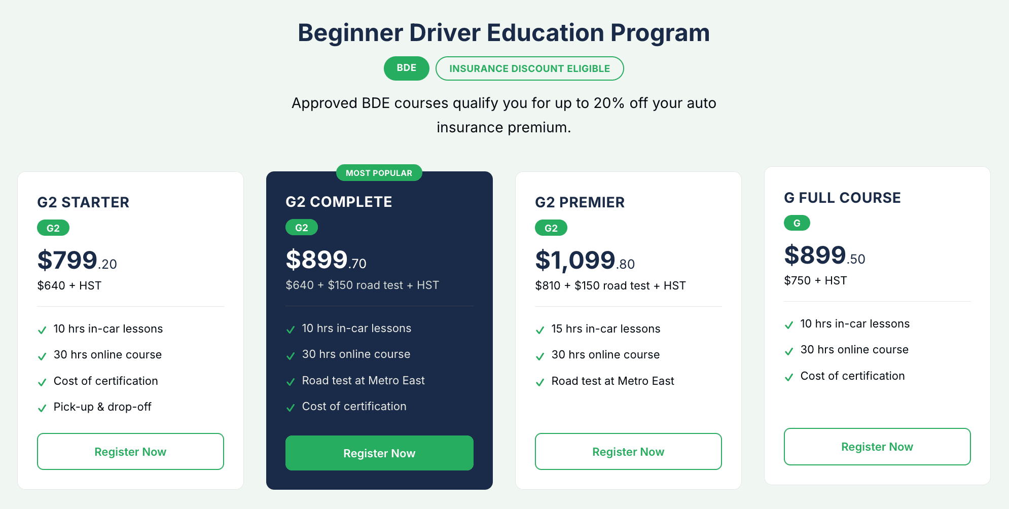Course packages page showing BDE pricing tiers with Register Now buttons