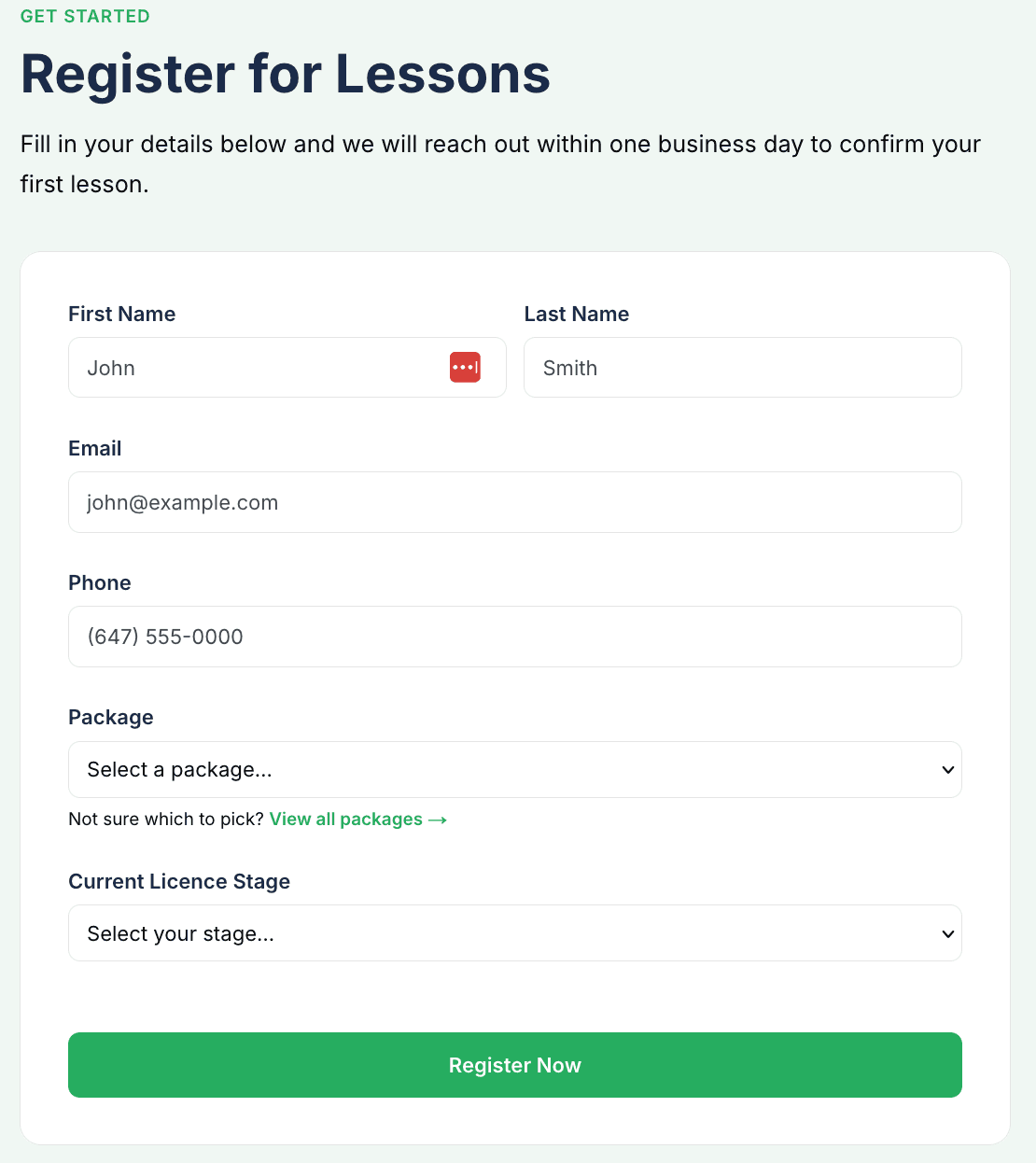 Student registration form with fields for name, email, phone, and package selection