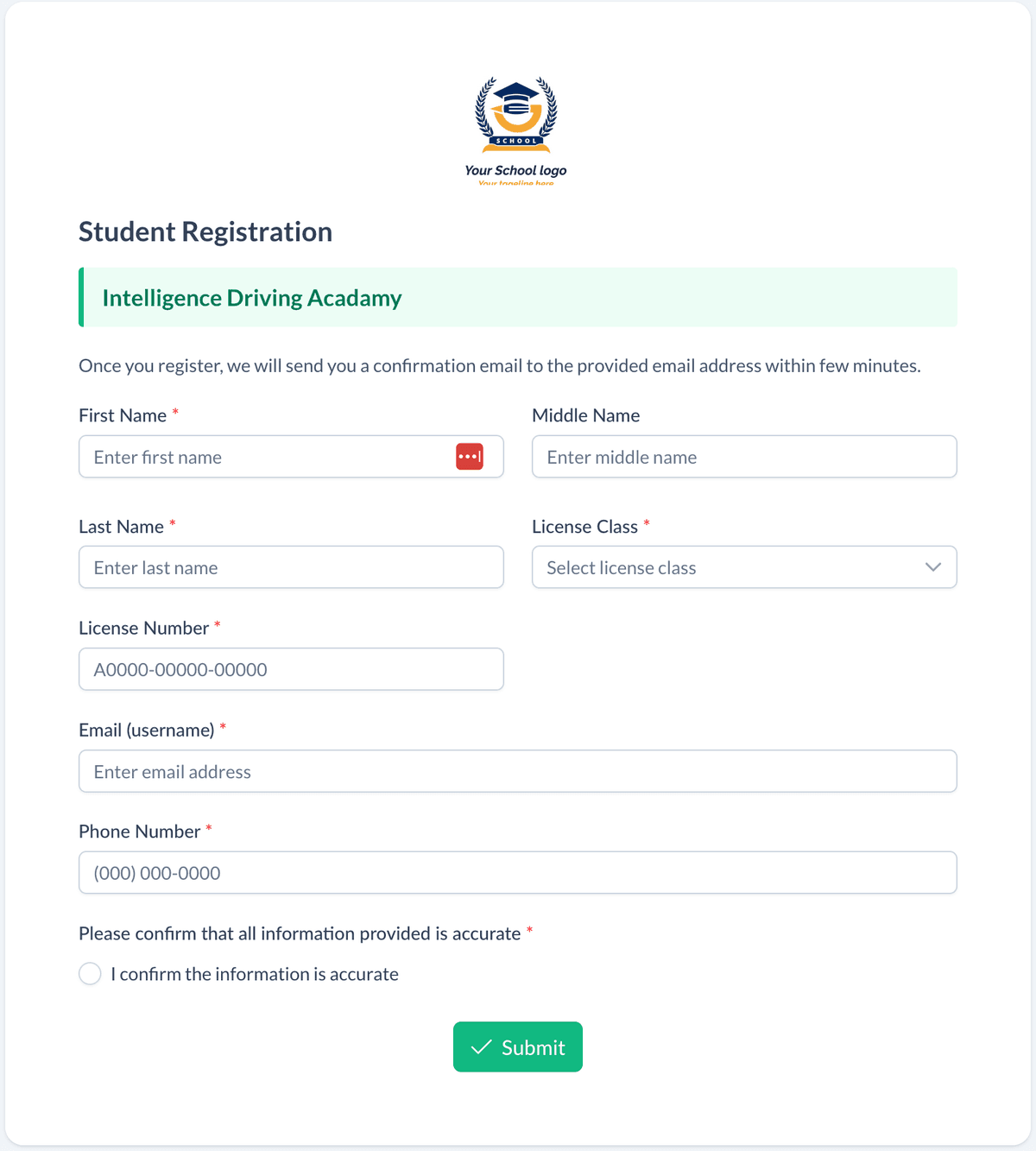 Online enrollment integration form branded with school logo