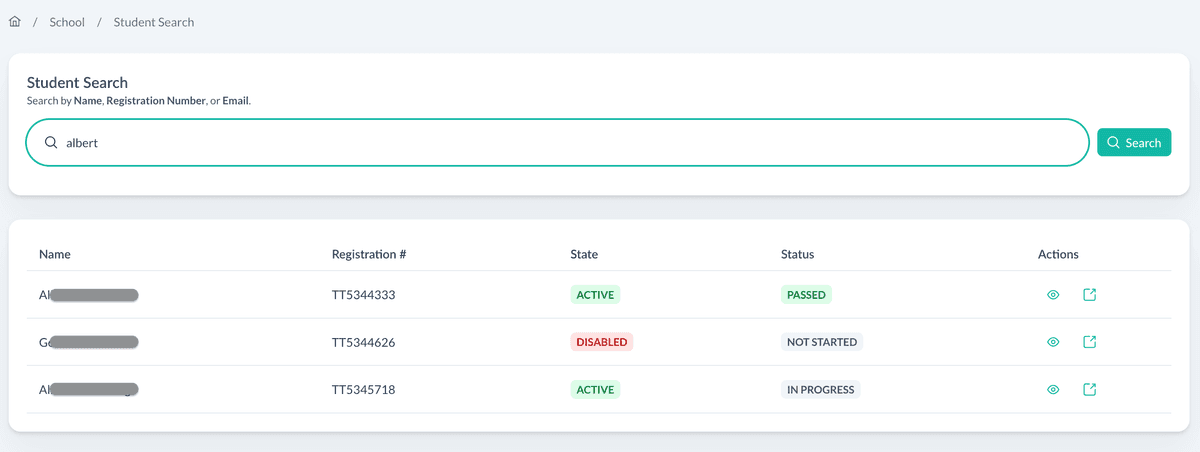 Student search interface with filter by status